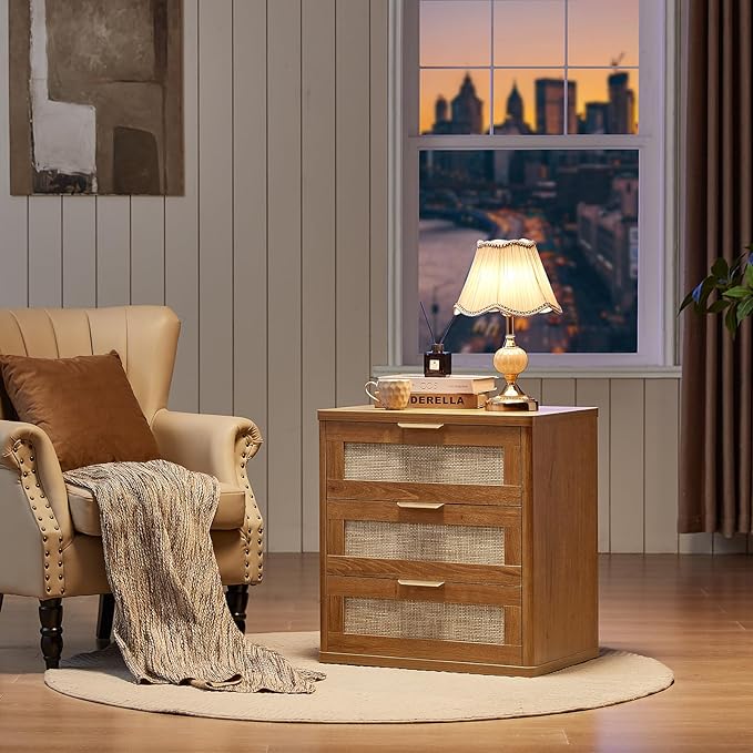 LEYAOYAO Rattan Dresser and Nightstand Sets 3 Piece, Boho Wood Dresser for Bedroom with 6 Drawers and Night Stand with 3 Drawer, Bedroom Furniture, Dressers & Chests of Drawers, Living Room, Hallway
