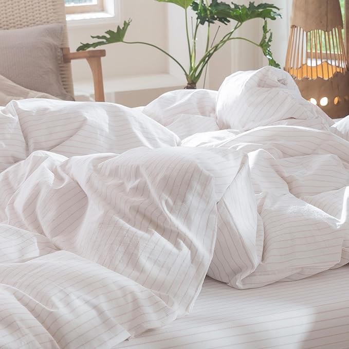 MooMee Striped Duvet Cover Set 100% Washed Cotton Linen Like Textured Breathable Durable Soft Comfy (White Heathered Greyish Pink Wide Stripes, King 104"x90")