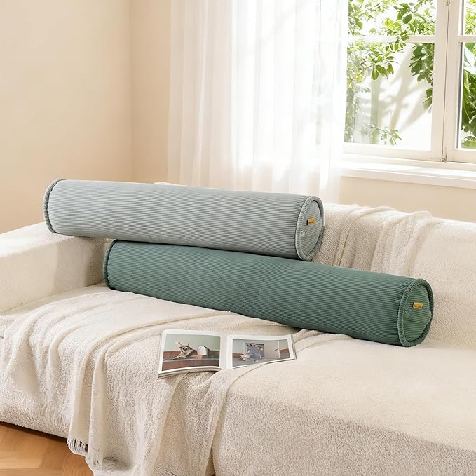 Long Pillow for Bed – Corduroy Round Bolster Pillow for Adults, Decorative Body Pillow for Sleeping or Sofa Support,47 x 7.87 Inches,Peacock Blue