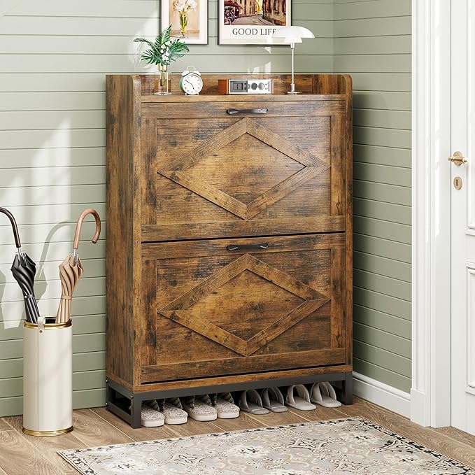 Shoe Cabinet, Shoe Storage Cabinet with 2 Flip Drawers & Adjustable Shelf, Space-Saving Shoe Organizer – Holds 12+ Pairs, Narrow Shoe Cabinet Storage for Entryway/Hallway(Brown)