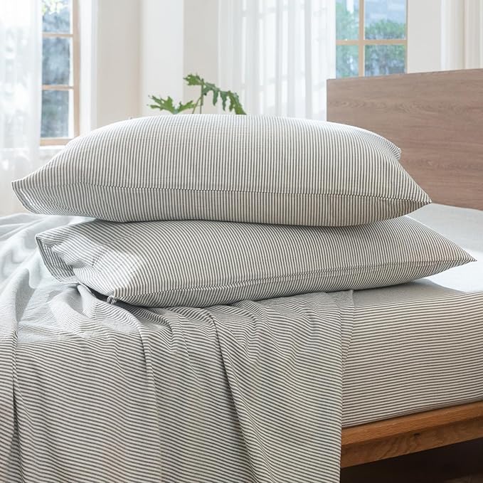 MooMee Striped Duvet Cover Set 100% Washed Cotton Linen Like Textured Breathable Durable Soft Comfy (Heathered Green Pinstripes, Queen 90"x90")