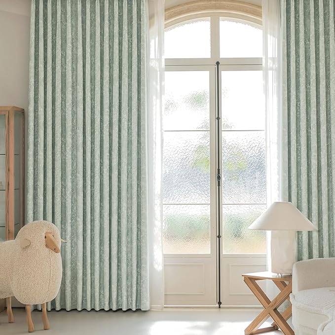 Beauoop Green Floral Jacquard Blackout Curtains 72 Inches Long 2 Panels for Bedroom Living Room Sage Flower Chenille Room Darkening Thermal Insulated Soundproof Grommet Window Treatments Drapes, 52x72