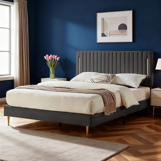 King Platform Bed Frame, Velvet Upholstered Bedframe with Vertical Channel Adjustable Headboard, Golden Plating Trim, Mattress Foundation with Wooden Slats, No Box Spring Needed, Grey