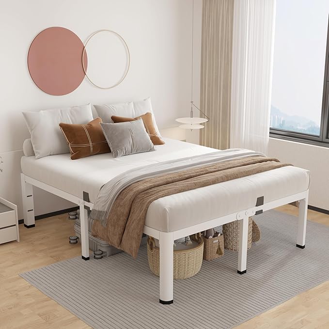 ROIL 20 Inch White Queen Bed Frame with Rounded Corner and Headboard Hole Mattress Retainers, 3500LBS Heavy Duty Steel Slats No Box Spring Needed Platform Noise-Free Easy Assembly