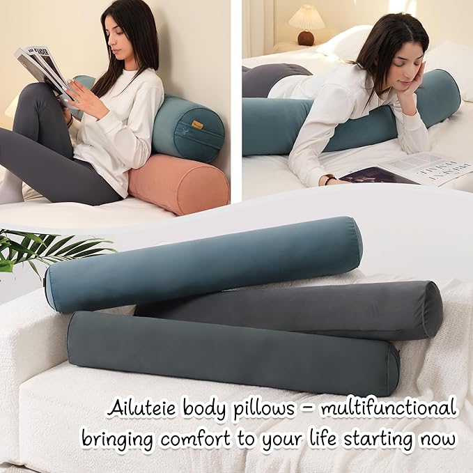 Long Round Body Pillow for Adults – Bolster Pillow for Bed, Cervical Roll Pillow, Firm Support for Sleeping,39.37 x 7.87 Inches,Slate Blue