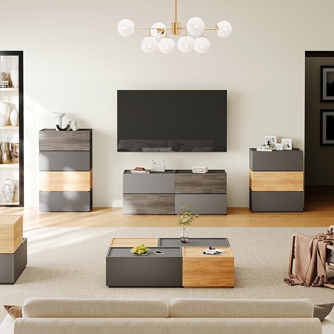 Modern Nightstand Modular Stackable Drawers Modular Storage Bedroom Furniture Set - Bedside Table, Storage Cabinet, Sofa End Table for Bedroom Living Room Hallway Entryway Grey Large