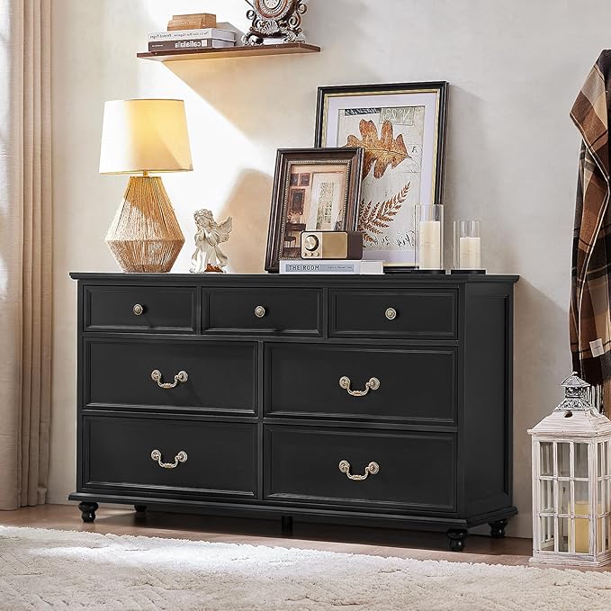 Farmhouse Furniture Set, Nightstands Set of 2 and 7 Drawers Dresser for Bedroom, 54 Inch Wide Wood Dresser and 24" Night Stands with Charging Station for Bedroom, Living Room, Hallway