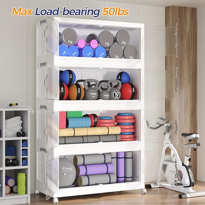 600QT Plastic Stackable Storage Bins with Lid, 150GAL Extra Large Collapsible Box with Wheels Clear Door, Foldable Closet Organizer Container Cabinet Drawer for Home Kitchen,5Pack, White
