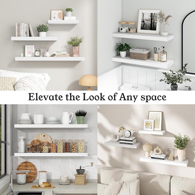 Floating Shelves for Wall, 9.3" Deep Wall Mounted Wood Shelves for Bathroom, Bedroom, Living Room, Kitchen, Hanging Shelf for Books/Storage/Room Decor (White, 36")
