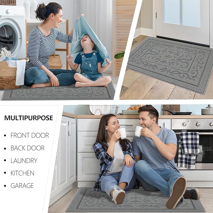 FONEYI Indoor Door Mat, Front Back Door Mat 32"x40" Non-Slip Rubber Backing Door Rug, Machine Washable Entry Rug, Low Profile Absorbent Dirt Trapper Doormat Inside Floor Mats for Entryway, Light Grey
