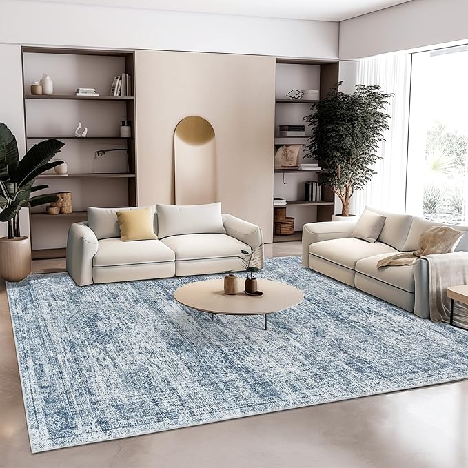 Washable Area Rug 8x10, Large Soft Rugs for Living Room Vintage Blue 8x10 Area Rugs for Bedroom Dining Room Non-Slip Stain Resistant Under Table Rug