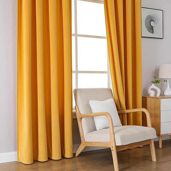 Joydeco Yellow Velvet Curtains 63 inch Length 2 Panels, Luxury Blackout Rod Pocket Thermal Insulated Window Curtains, Super Soft Room Darkening Drapes for Living Dining Room Bedroom,W52 x L63 inches