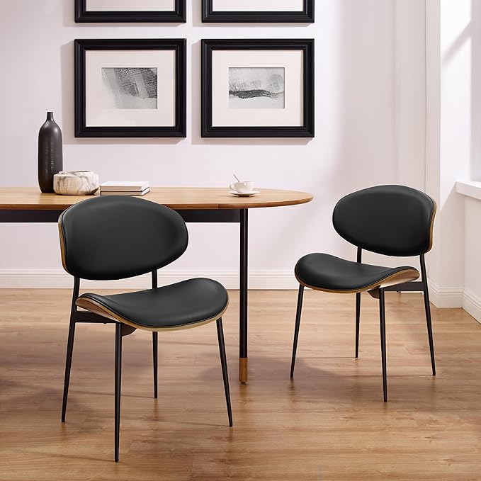 Art Leon Genuine Leather Dining Chairs Set of 4, Mid Century Modern, Upholstered Kitchen Dining Room, Armless Accent with Walnut Bendwood, Brown