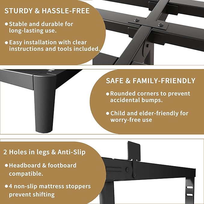 ITIMIDI 10 Inch Bed Frame Queen Size with Metal Gaskets, Heavy Duty Queen Platform Bed Frame No Box Spring Needed, DIY Headboard, Anti-Slip Mattress Stopper, Round Corner Leg, Easy Assembly, Black
