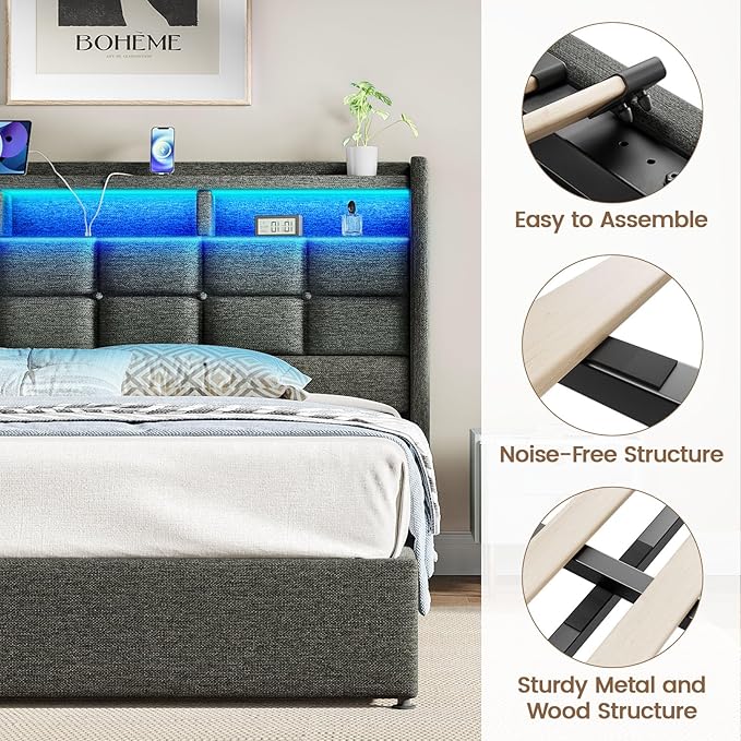 Lift Up King Size Bed Frame with Storage, Upholstered King Bed Frame with Charging Station and LED Lights Headboard, No Box Spring Needed, Easy Assembly - Dark Grey