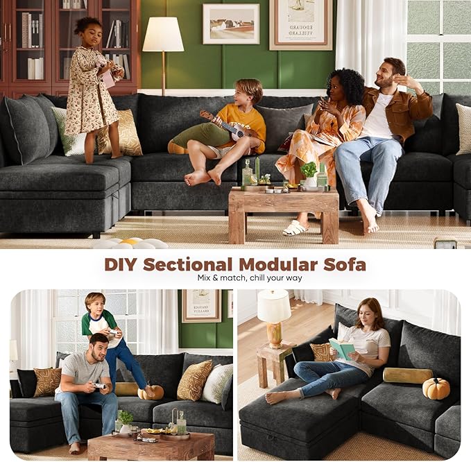 ABCASA 134.6" Luxury Modular Sectional Convertible Sofa with Storage Ottoman, L-Shape 5-Seat Oversized Comfy Couch Deep Seat with Reversible Chaise - Chenille Black