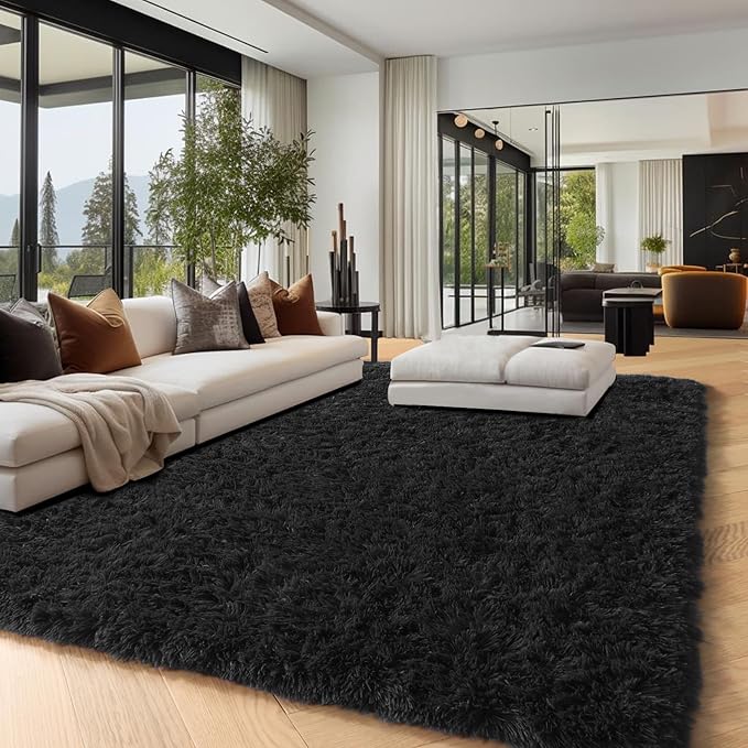 PAGISOFE Fluffy Shaggy Washable Area Rug for Living Room 5x8 Ft,Soft Fuzzy Rugs for Bedroom Shagg Carpet for Kids Girls Boys Dorm Room Furry Rugs for Nursery Playroom Fluffy Toddler Room Rug Black