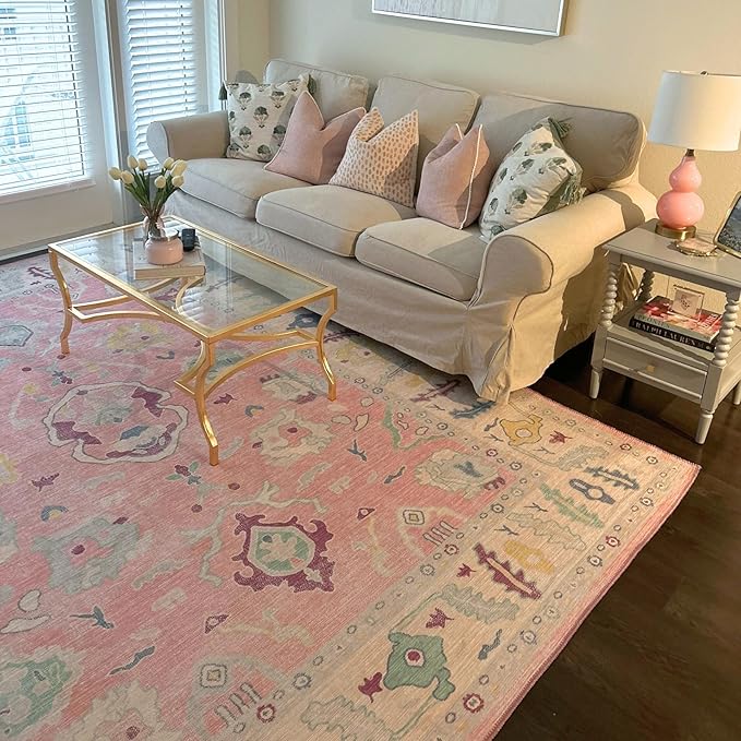 Fame Rugs Pink Modern Oushak Rug 8x10, Vintage Turkish Colorful Oriental Washable Antique Inspired Large Area Rugs, Luxury Living Room Bedroom (385PB, 7'6 x 10')