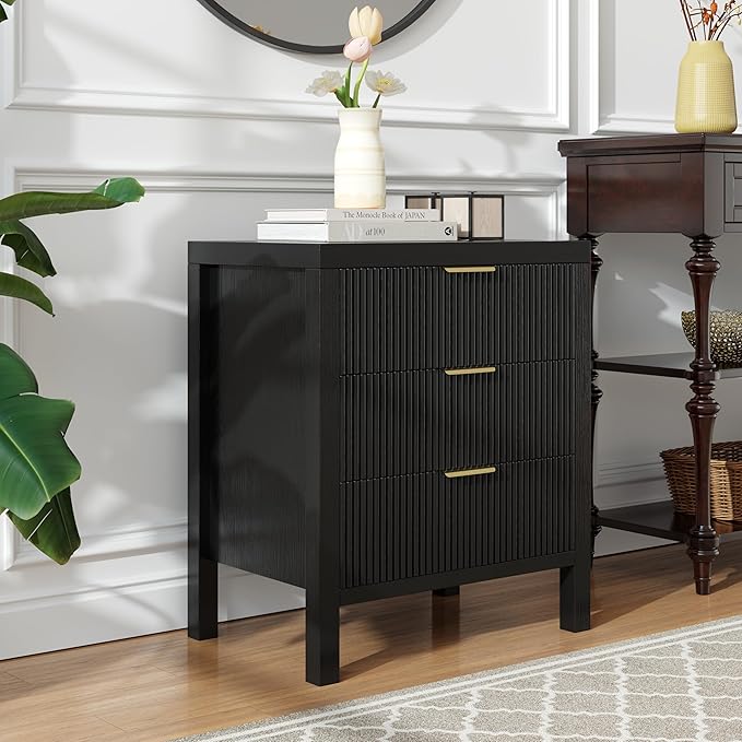 Fluted Nightstands Set of 2, Wooden Farmhouse Night Stands with 6 Drawer Bedside Table - Boho Tall End Table Accent Table for Bedroom, Living Room, (Black 2PCS)