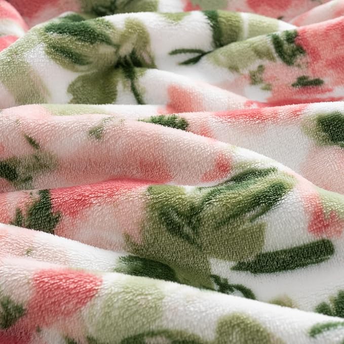 Luxury Printed Fleece Warm Blanket, Soft Lightweight Velvety Plush Throw for Couch and Bed, Cozy Comfy for All Seasons(Ivory Pink Flowers, 108×90 Inches)