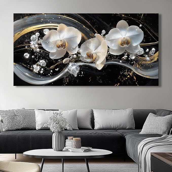White Orchid Canvas Wall Art - Modern Floral Picture for Living Room, Bedroom Wall Decor, Framed Wall Art for Home Decoration, Elegant Flower Paintings Ready to Hang, Large Wall Art 75x150cm(30x60in)