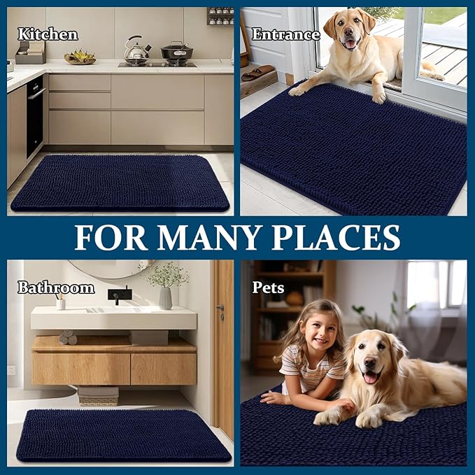 OLANLY Dog Door Mat for Muddy Paws 54x32, Absorbs Moisture and Dirt, Absorbent Non-Slip Washable Doormat, Quick Dry Chenille Mud Mat for Dogs, Entry Indoor Entryway Carpet for Inside Floor, Navy Blue
