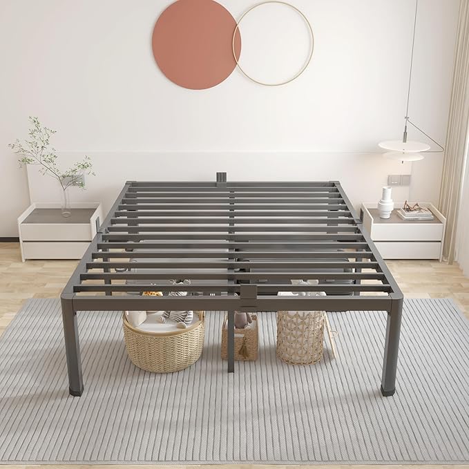 ROIL 20 Inch King Bed Frame with Rounded Corner and Headboard Hole Mattress Retainers 3500LBS Metal Heavy Duty Steel Slats No Box Spring Needed Platform Noise-Free Easy Assembly