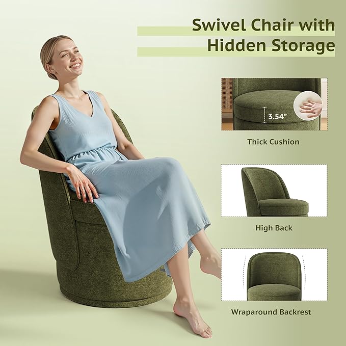Swivel Accent Chair, 360° Swivel Chair with Hidden Storage, Vanity Chairs, Modern Small Barrel Swivel Armchair for Living Room/Bedroom, Green