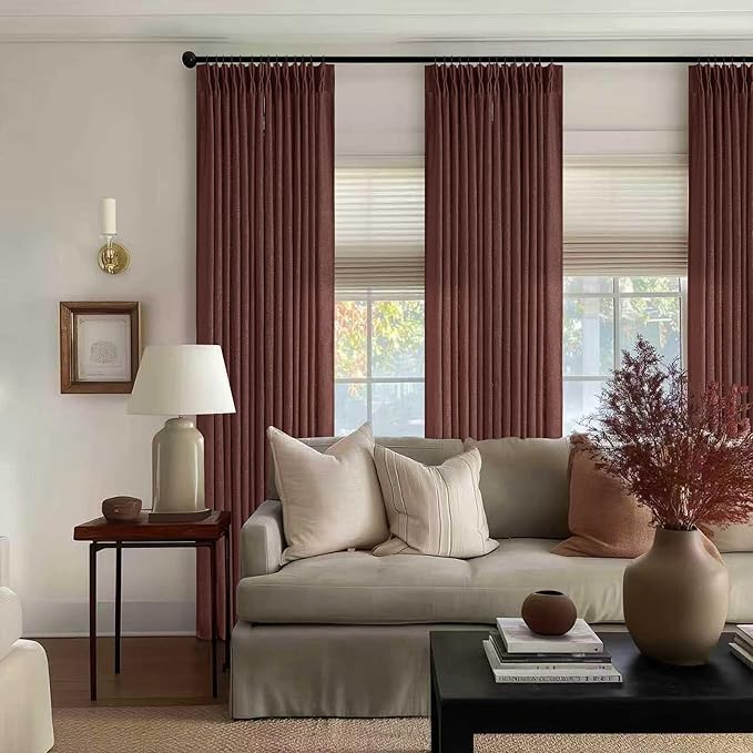 Brown Red Linen Pinch Pleated Curtains 102 Inches Long for Living Room Pleated Drapes Hooks Back Tab Thick Linen Textured Boho Farmhouse Country Terracotta Maroon 102 Inch Curtain for Dining Bedroom
