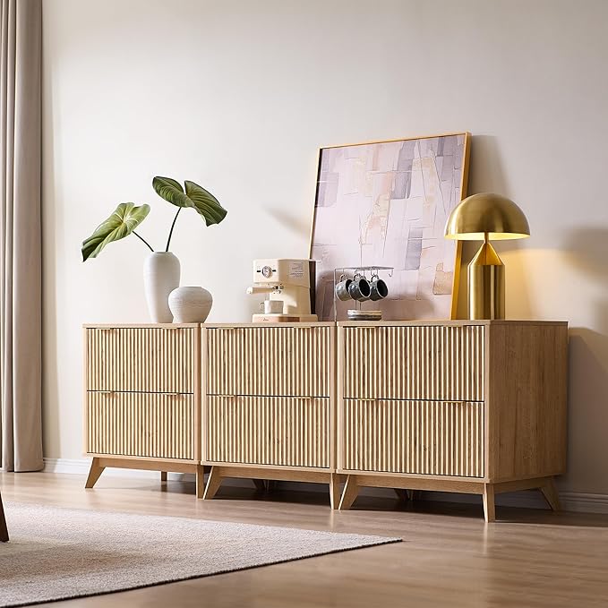 T4TREAM Set of 2 Modern Fluted Sideboard Buffet Cabinet with Drawers Storage, 60" Modular Accent Cabinet for Credenza, Entryway & Hallway, Natural Oak