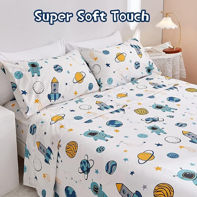 JSD Blue Astronaut Kids Sheet Set Twin Size, 3 Piece Space Rocket Printed Microfiber Bed Sheets Deep Pocket