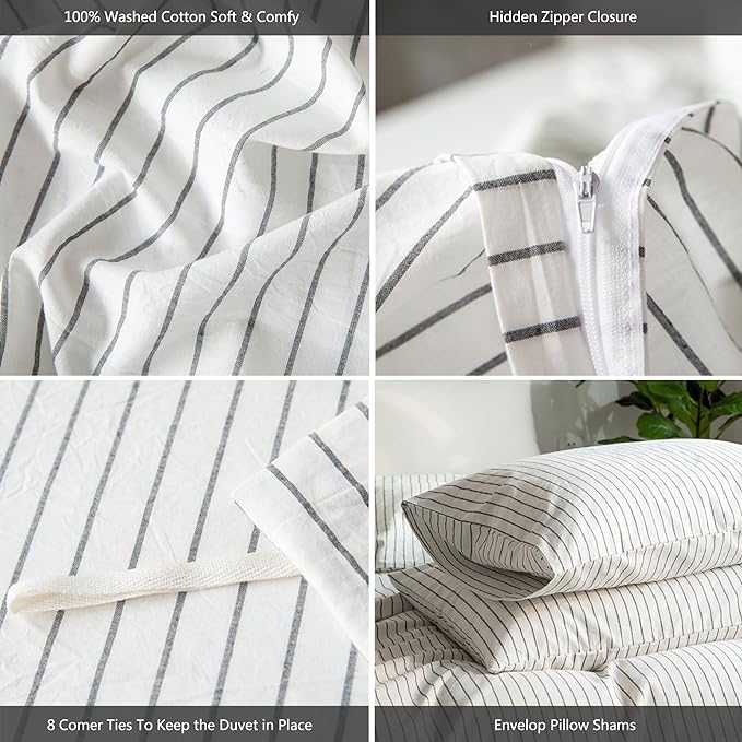 MooMee Striped Duvet Cover Set 100% Washed Cotton Linen Like Textured Breathable Durable Soft Comfy (White Dark Grey Wide Stripes, Oversized Queen 98"x98")
