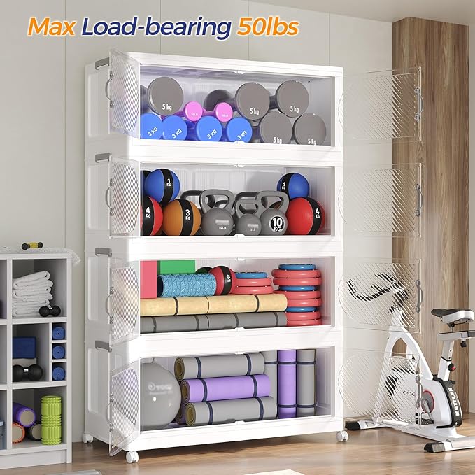 480QT Plastic Stackable Storage Bins with Lid, 120GAL Extra Large Collapsible Box with Wheels Clear Door, Foldable Closet Organizer Container Cabinet Drawer for Home Kitchen,3Pack, White