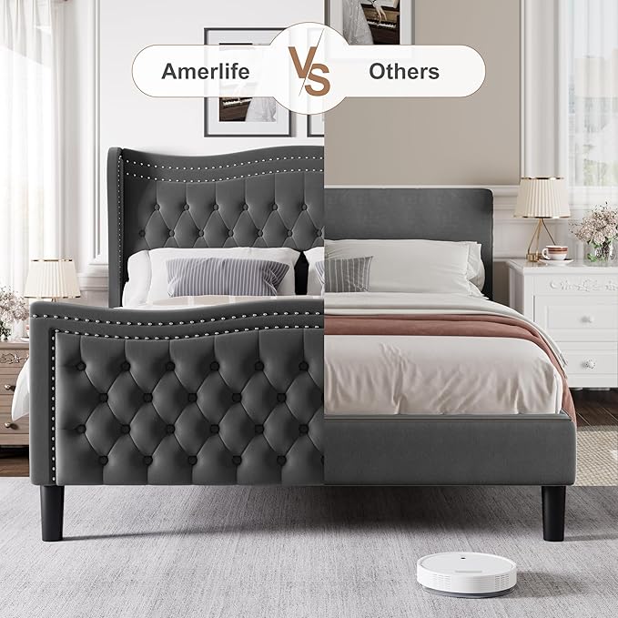 King Bed Frame with Tall Headboard & Footboard, Velvet Upholstered Platform Bed Frame with Deep Button Tufted Wingback, No Box Spring Needed, Noise Free, Grey