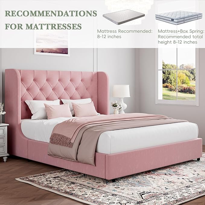 Full Bed Frame, Pink Velvet Upholstered Bed Frame Full with Headboard and Wide Wingback, Sturdy Wooden Slats Support, No Box Spring Required, Noise Free, Easy Assembly, Pink