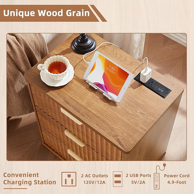 LEYAOYAO Fluted Dresser and Nightstand Sets, Wood 48" Wide Dresser & 23" Night Stand with Charging Station, 2 Piece Bedroom Furniture Set, Chest of Drawers for Bedroom, Home, Living Room, Brown
