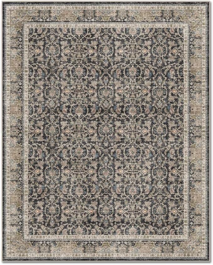 Washable 4x6 Rugs for Living Room, Boho Non-Slip Vintage Distress Small Rugs for Bedroom Nursery Office, 0.3" Neutral Oriental Throw Thin Carpet with Cushioning Pad,Black/Brown/Blue/Multi