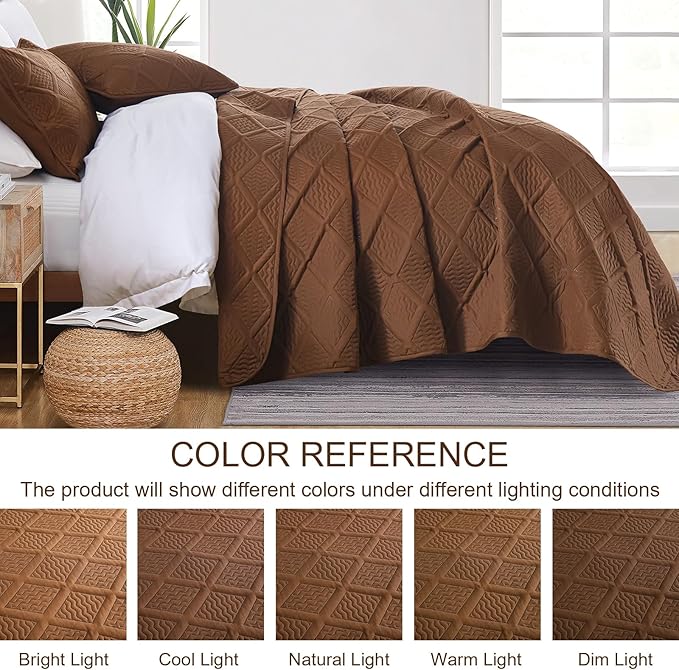 Yiran Brown Quilt Set King Size, 3 Piece Reversible Bedspreads Bedding Set, Winter Diamond Pattern Coverlet for All Season with 2 Pillow Shams (King, 106x96 Inch)