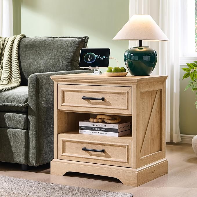 ACCOHOHO 24" Farmhouse Nightstand with Charging Station, 2 Drawers Large Bedside Table with Open Shelf, Rustic End Table for Bedroom - Natural Oak