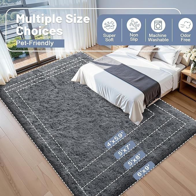 OLANLY 2x6 Machine Washable Runner Rugs for Hallway, Soft Fluffy Shaggy Bedside Rugs for Bedroom, Living Room, Indoor Floor Carpet for Kids Girls and Boys, Nursery Rooms, Home Decor Aesthetic, Grey