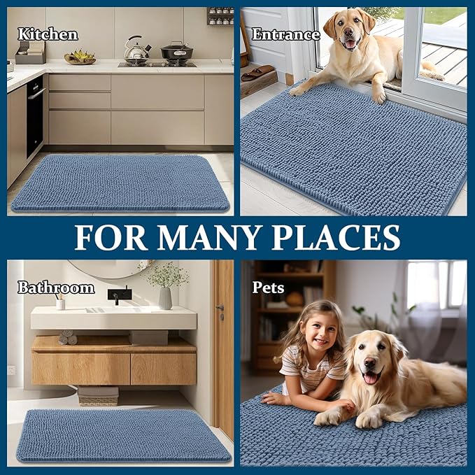 OLANLY Dog Door Mat for Muddy Paws 54x32, Absorbs Moisture and Dirt, Absorbent Non-Slip Washable Doormat, Quick Dry Chenille Mud Mat for Dogs, Entry Indoor Entryway Carpet for Inside Floor, Airy Blue