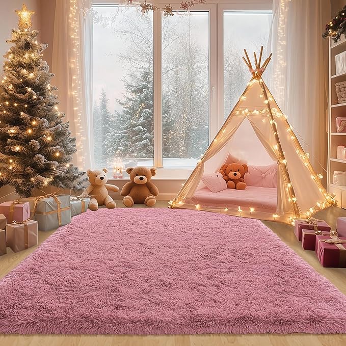 Fluffy Rug for Bedroom, 4x6 Blush Pink Shag Area Rug for Living Room, Soft Modern Indoor Fuzzy Plush Rug, Non-Slip Shaggy Carpet for Girls Kids Room Nursery Dorm Home Decor