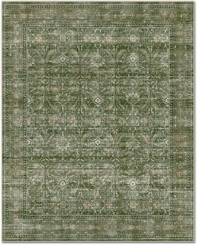 Washable 4x6 Rugs for Living Room, Boho Non-Slip Vintage Distress Small Rugs for Bedroom Nursery Office, 0.3" Neutral Oriental Throw Thin Carpet with Cushioning Pad, Grass Green/Multi