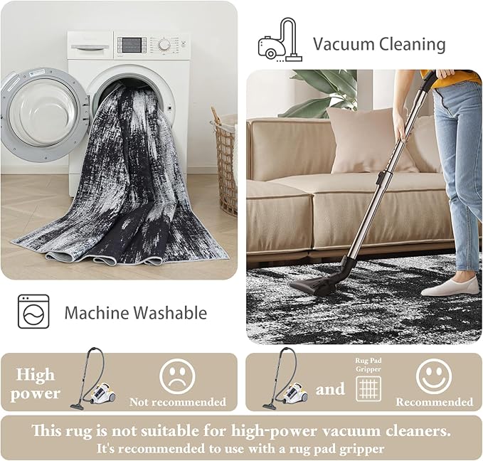 3x8 Hallway Washable Runner Rug: Extra Long Kitchen Runner Non Slip Abstract Rugs Printed Faux Wool Low Pile Soft Indoor Floor Carpet for Bedroon Dining Living Room Bathroom Black White 3x8