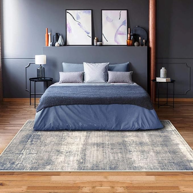 3x5 Rug, Small Area Rug for Living Room, Bedroom, Kitchen, Machine Washable Non-Slip Throw Rug, Modern Abstract Carpet for Entryway Nursery Coffee Table - Durable (Grey/Navy)