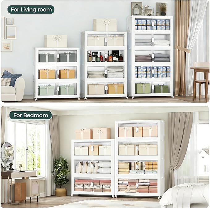 660QT Extra Large Stackable Storage Bins with Lid, 165Gal Collapsible Storage Box with Wheels and Doors, Plastic Closet Organizers and Storage Cabinet for Home Kitchen Office Dorm, 3Pack White