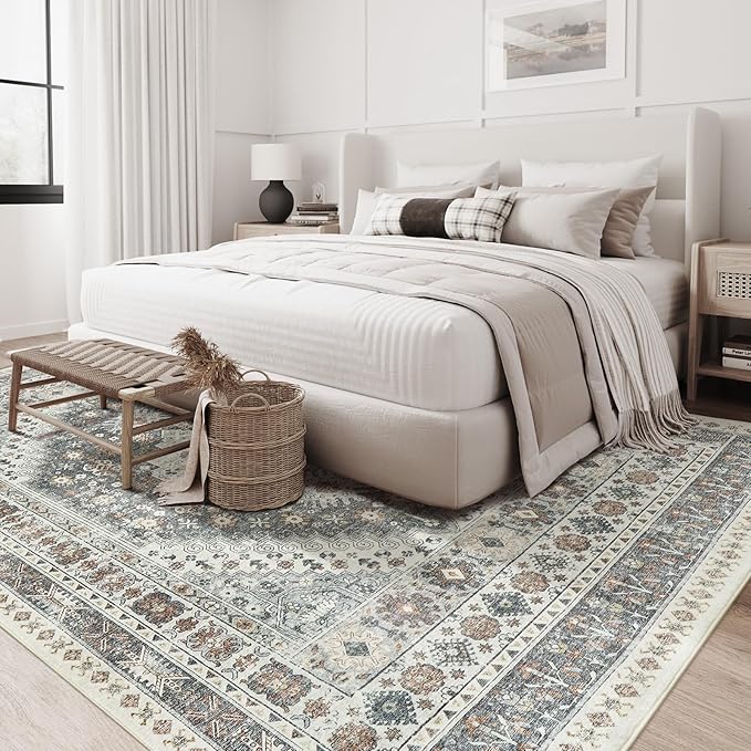 zesthome 8x10 Area Rugs for Living Room,Non-Slip Backing Washable Rugs,Vintage Large Area Rug,Stain Resistant Home Decor Rug (Grey/Orange,8'x10')