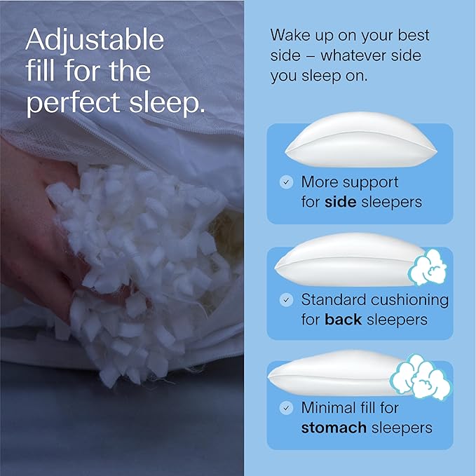 DreamyBlue Moon Pillow β’ Adjustable Loft, Luxury Cover, Shredded Memory Foam β’ for Back, Side and Combination Sleepers β’ Neutral Alignment for All β’ CertiPUR-US Certified Foam (Queen)