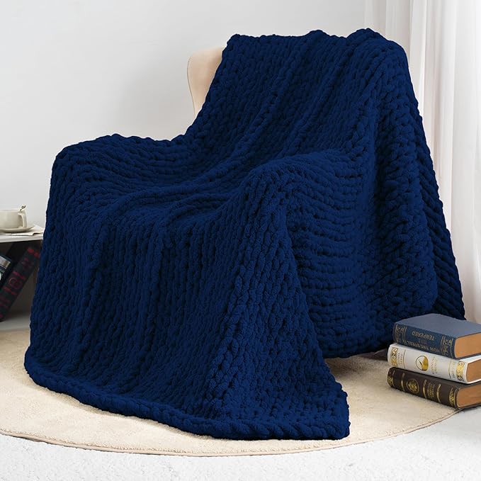 Chunky Knit Throw Blanket 50"X 60", 100% Handmade with Soft Chenille Yarn, 4.4lbs Thick Cable Knitted Blankets, Large Rope Knot Crochet Throws for Couch Sofa Bed Home Decor, Navy Blue