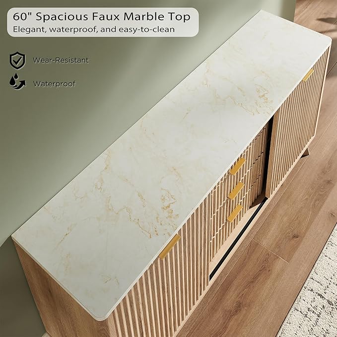 T4TREAM 60" Fluted Dresser with Sliding Doors and 4 Drawers, Modern Chest w/Faux Marble Top, Curved Profile Design, Dresser TV Stand, Wood Drawer Organizer for Bedroom, Living Room, Natural Oak
